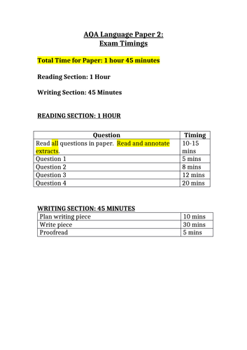 Timings for AQA Language Papers 1 & 2