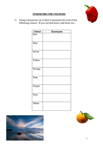 Descriptive Writing Colour Synonyms Worksheet