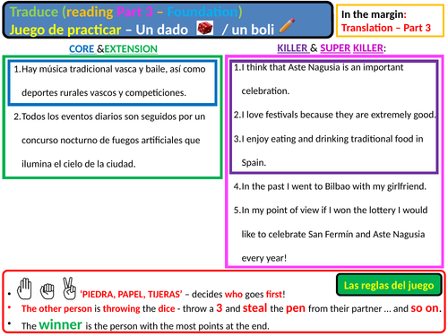 Spanish Translation game (AQA GCSE Reading Part C / Writing Section 3)