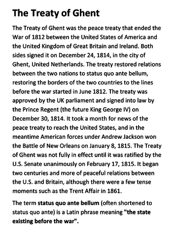 The Treaty of Ghent Handout