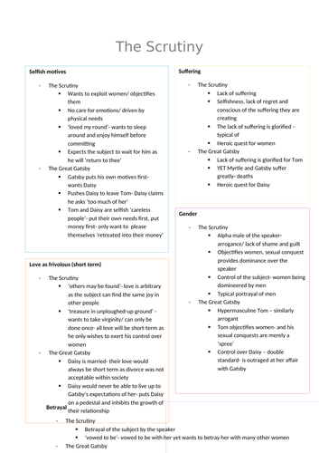 The Scrutiny and The Great Gatsby Comparison Sheet AQA English Literature