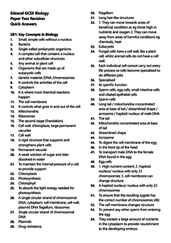 Edexcel GCSE Biology Paper Two Revision Quick Questions New Spec 2018 AND DOUBLE AWARD