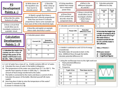 AQA 9-1 Physics Electricity Revision Mat / Board with Answers