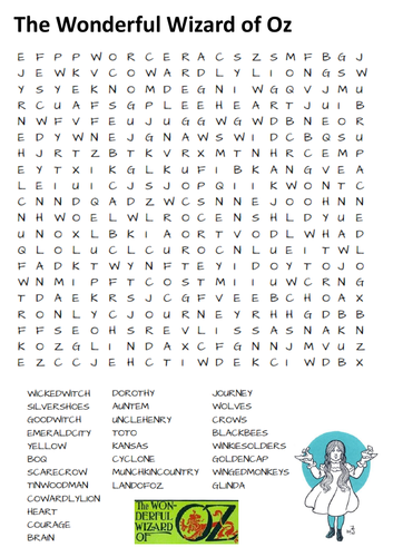 The Wonderful Wizard Of Oz Word Search Teaching Resources