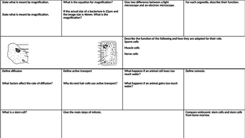 B1 Cell Biology Revision Sheet AQA 9-1