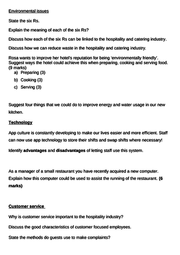WJEC L1/L2 Hospitality & Catering Environ., Cust. comp., Tech. & Service