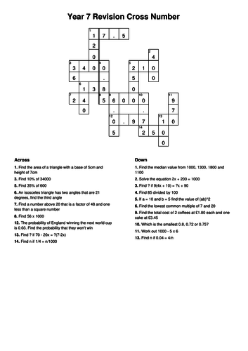 Year 7 Maths Cross Number