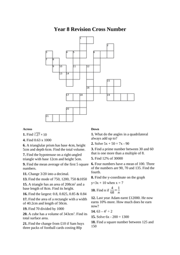 Year 8 Maths Cross Number