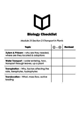 A Level Biology I Transport in Plants I Section 3 Checklist