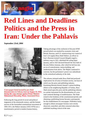 Ezine article: Red Lines and Deadlines. Politics and the Press in Iran under the Pahlavis