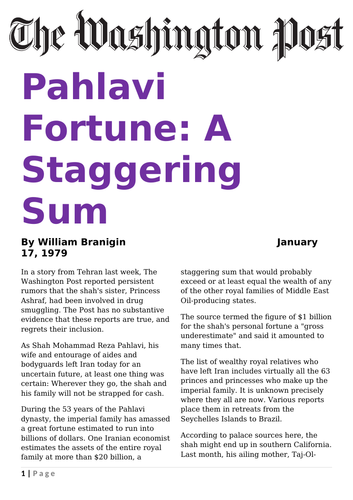 Newspaper article: Pahlavi fortune a staggering sum