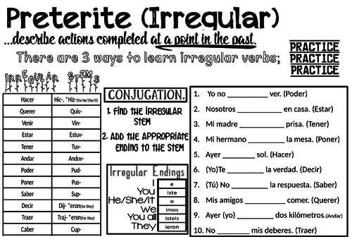 Spanish Preterite Tense Worksheet Irregular Teaching Resources