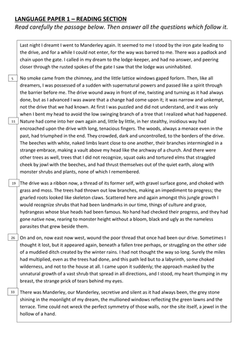 AQA style PAPER 1 full mock exam for Daphne Du Maurier's 'Rebecca'