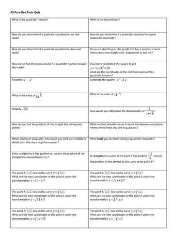 New AS Maths: Key Facts Quiz (Pure)