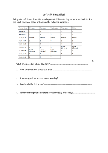 Differentiated year 6 to 7 Transition activity looking at timetables