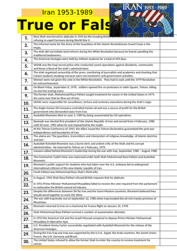 Iran 1953-1989 - True or False? | Teaching Resources