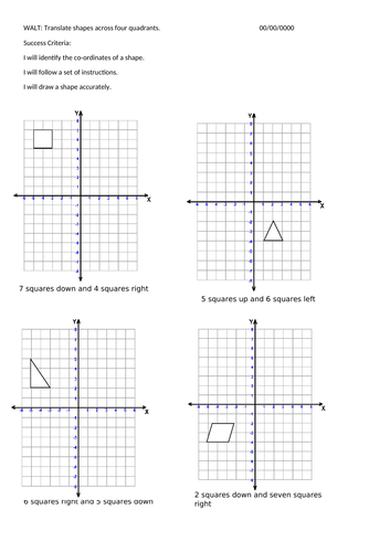 An activity to translate shapes across the four quadrants.