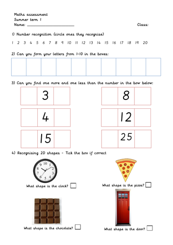 Year 1 - Maths Assessment Sheet