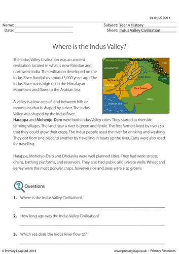 Reading Comprehension - Where is the Indus Valley?