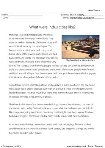 History Resource: Reading Comprehension - What were Indus cities like?