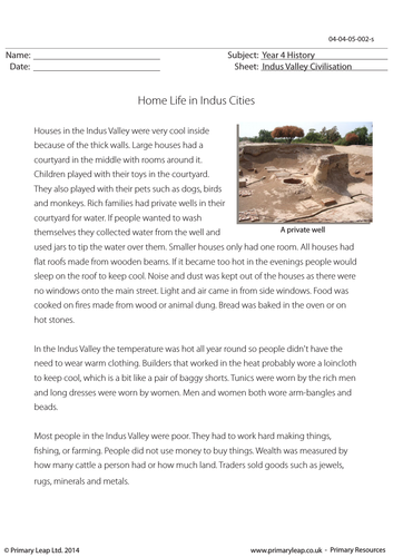 History Resource: Reading comprehension - Home Life in Indus Cities