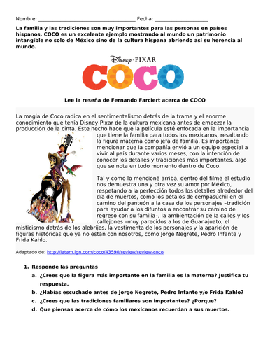 Worksheet from the movie COCO, grammar, writing