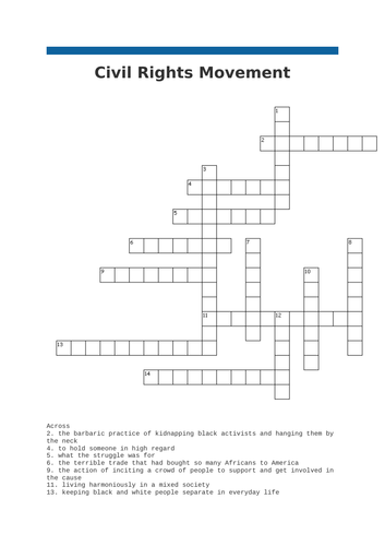 Civil Rights Movement Crossword Task Teaching Resources