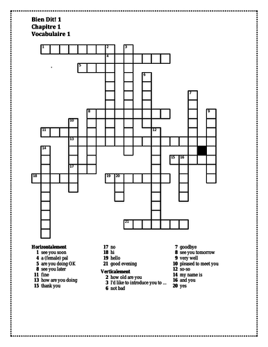 Bien Dit 1 Chapitre 1 Vocabulaire 1 Crossword