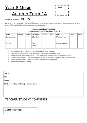 Music student Feedback sheet for Year 8 SoW BLUES