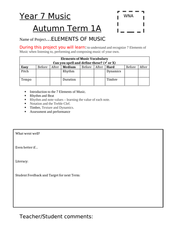 Music Student Feedback sheet Elements of Music