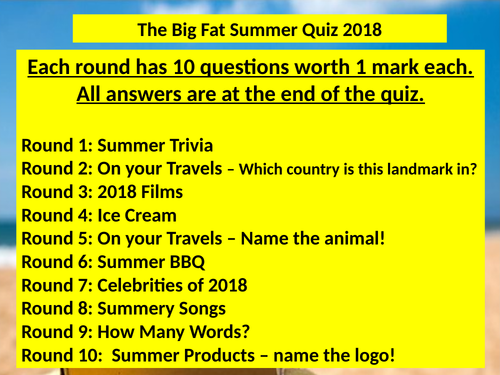 Big Fat Summer Quiz 2018 Teaching Resources