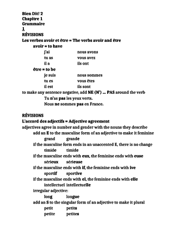 Bien Dit 2 Chapitre 1 Grammaire Study guide