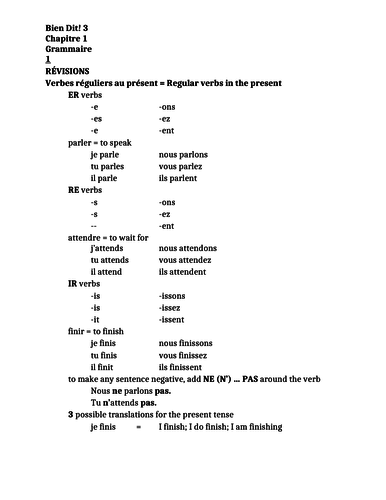 Bien Dit 3 Chapitre 1 Grammaire Study guide