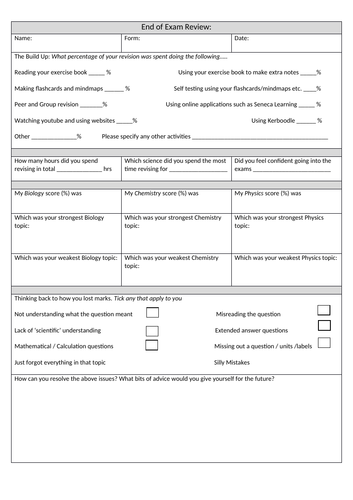 Exam review student metacongition proforma sheet