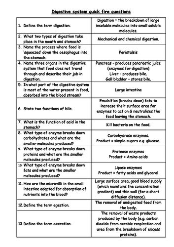 AQA (New 9-1) Biology Quick fire questions for some of the topics
