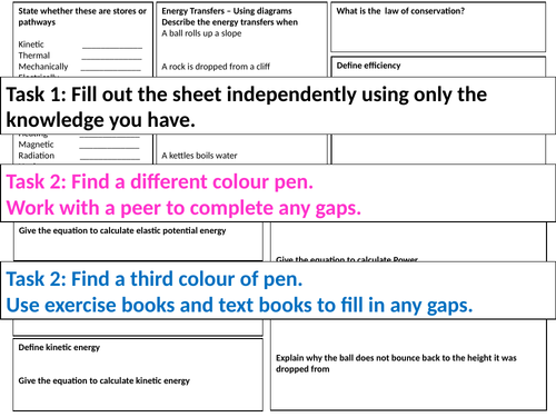 Energy Revision 9-1 - Placemat broadsheet with answers