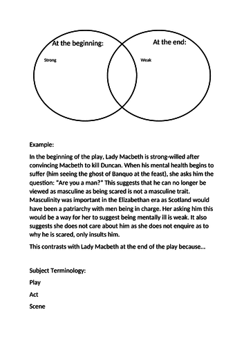 Lady Macbeth Question with Example Answer and Differentiated Work Sheet