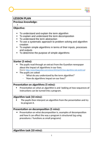 Lesson:   algorithms, decomposition and anstraction