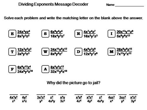 Dividing Exponents Worksheet: Math Message Decoder