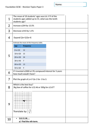 Paper 3 2018 Foundation Edexcel Predicted Topics Skills Questions