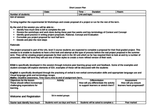 Lesson Plan Introducing Concept and Context and Starting A Project Proposal
