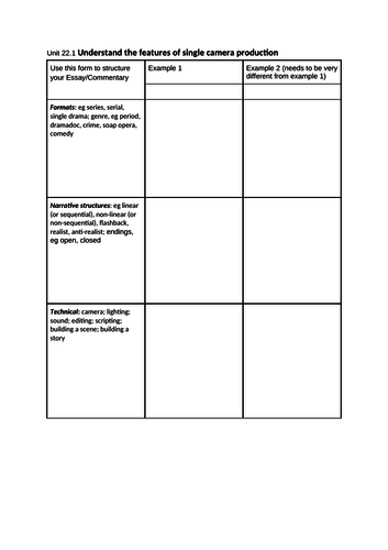 Single Camera Analysis Form