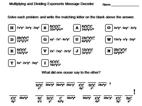 Multiplying and Dividing Exponents Worksheet: Math Message Decoder
