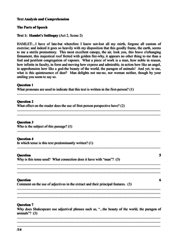 Hamlet Comprehension Worksheet | Teaching Resources