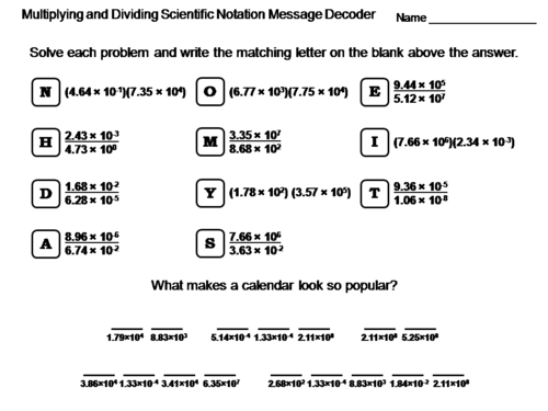 Multiplying and Dividing Scientific Notation Worksheet: Math Message Decoder