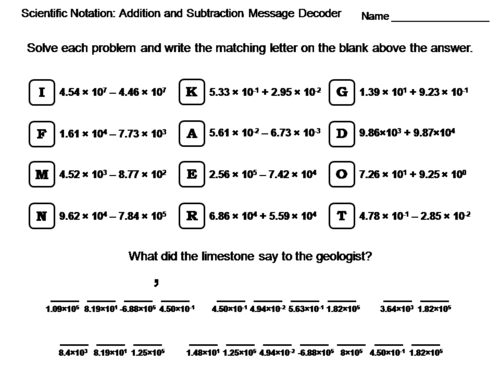 Adding and Subtracting Scientific Notation Worksheet: Math Message Decoder