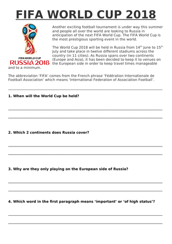 FIFA World Cup 2018 - Comprehension & Maths Activities
