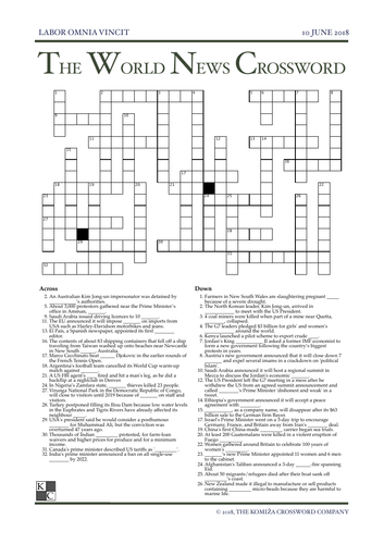 The World News Crossword - June 10th, 2018