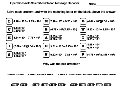 Operations with Scientific Notation Worksheet: Math Message Decoder