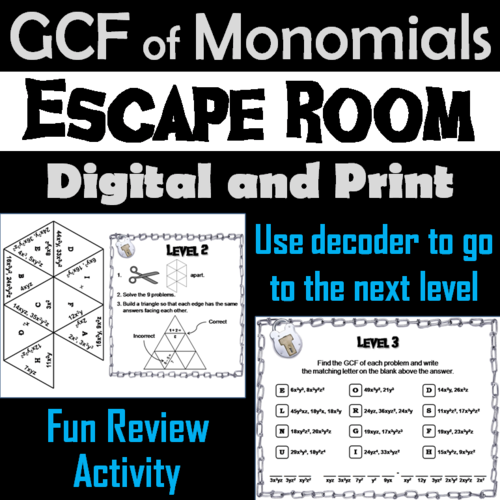Greatest Common Factor (GCF) of Monomials Game: Escape Room Math Activity